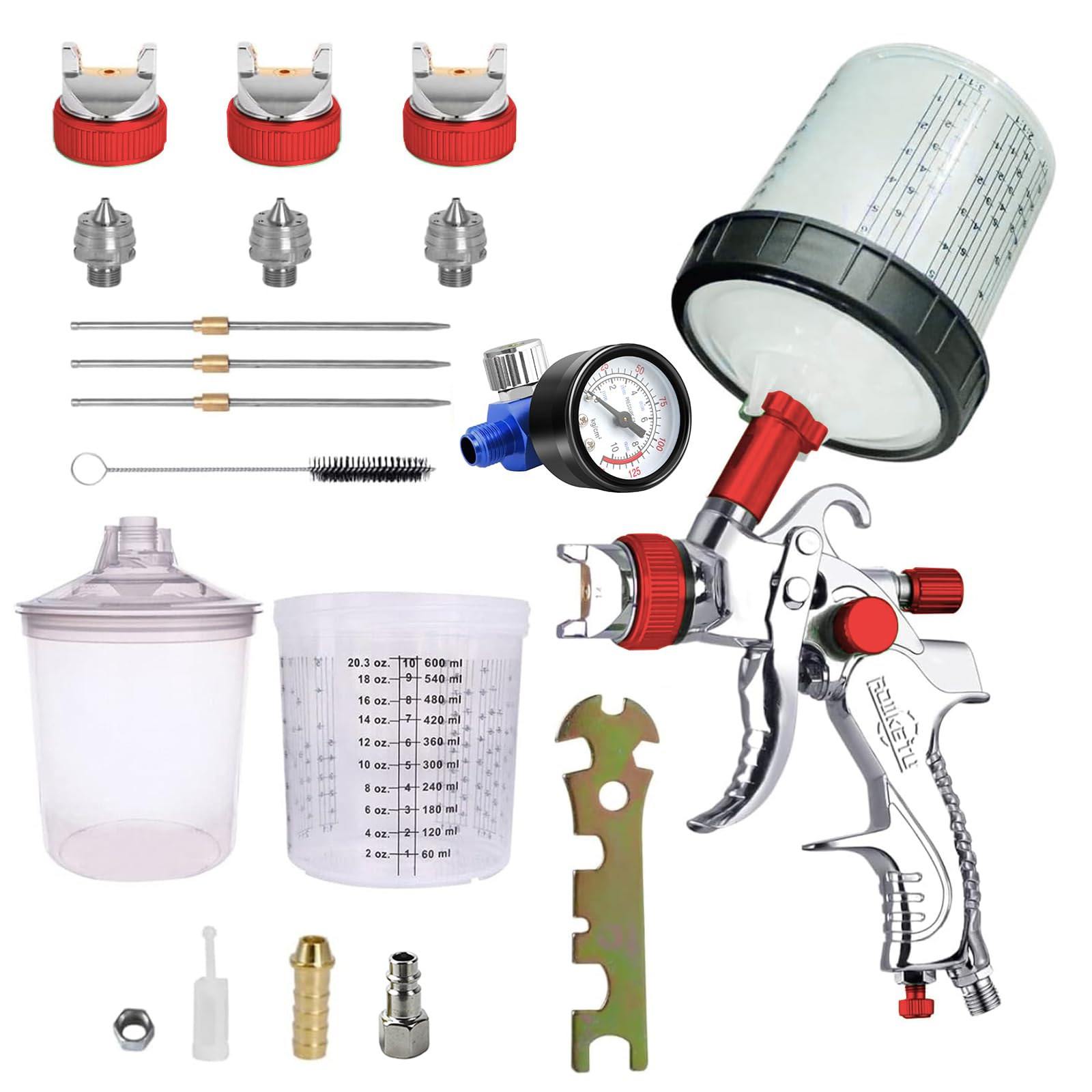 Awsuc HVLP Spritzpistole,Neueste Autolackierpistole mit Manometer, 1,4mm 1,7mm 2,0mm Düsen mit 600ML Einwegbechern&Farbmischbecher für Auto-Möbel-Lackierung (Rot)