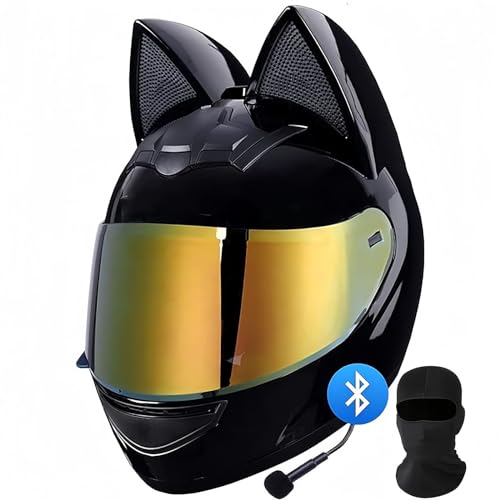 Damen-Katzenohr-Integralhelm,DOT/ECE-Zertifizierter Integral-Motorradhelm, Vergoldete Brille, Vollständig Herausnehmbares Und Waschbares Innenfutter Motorradhelm A,M54-56CM