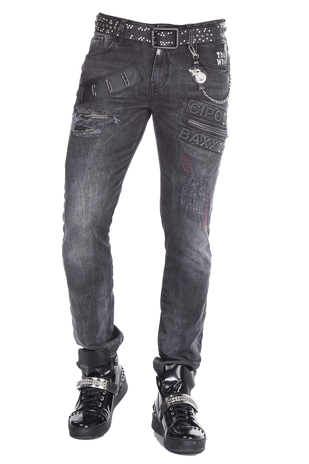 Cipo & Baxx Herren Jeanshose Kunstleder Destroyed Nieten 3D Label Denim Pant Skinny Regular Fit Hose Used CD396 Schwarz W31 L34