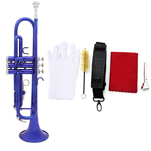 Trompete BB B Flache Messing Instrument Trompete Exquisite Mit Mundstück Reinigungsbürste Tuchhandschuhe Gurt (Color : Blue)