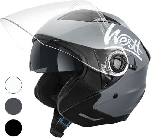 Westt Jethelm mit Visier und Sonnenblende Motorradhelm Herren Damen Rollerhelm Mopedhelm Mofa Chopper Helm Motorrad Halbhelm Open-Face-Helm Pilotenhelm ECE DOT Zertifiziert