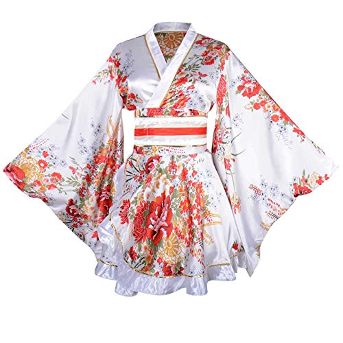 Sexy Kurzes Kimono Kostüm Erwachsene Damen Japanische Geisha, Weiß, Größe L