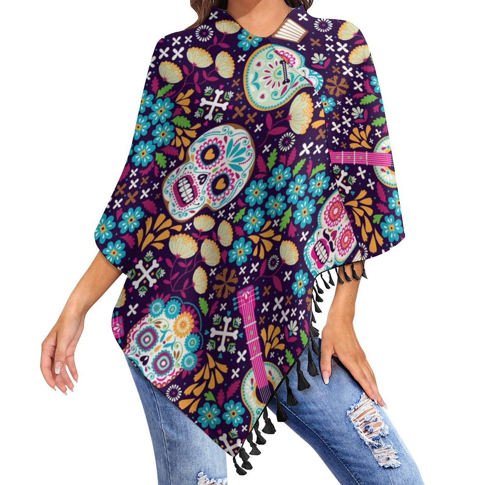 HABXNJF Damen Casual Poncho Top Mexican Dia De Muertos Schal für Frauen Wickelschal mit Quasten für Herbst Winter, Schwarz-Mexikanischer Dia de Muertos, Einheitsgröße (Übergröße)