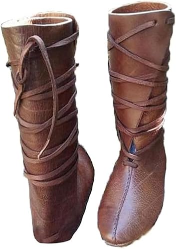 Mittelalterliche Ritterstiefel für Erwachsene, Cosplay, Renaissance-Retro, vielseitiges Bindeseil, Flacher Boden, mittlere Stiefelschuhe, Braun, 42 EU