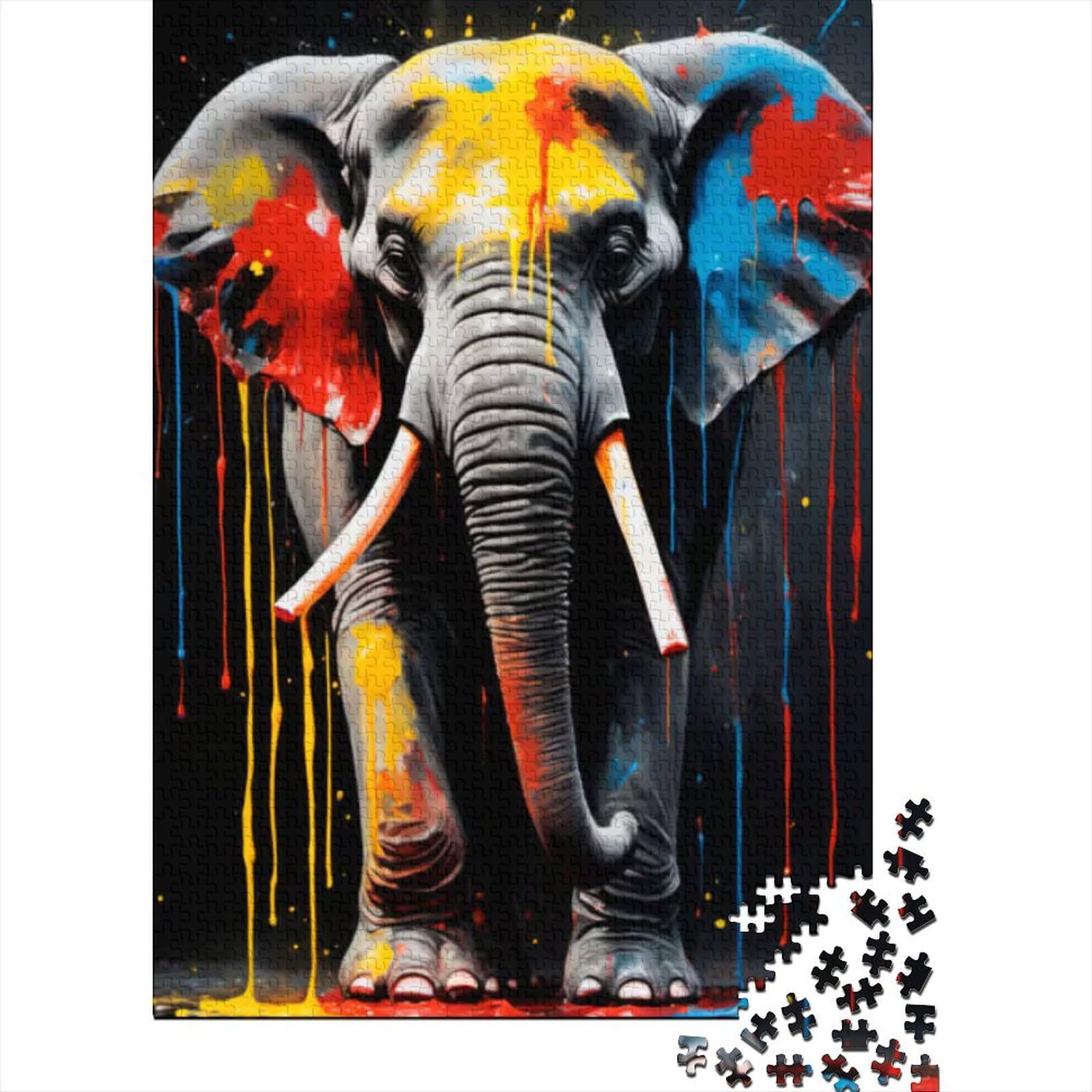 1000-teiliges Puzzle für Erwachsene und Teenager, Elefant mit tropfender Farbe, Holzpuzzle für Teenager, Geschenke zum Stressabbau, schwierige Herausforderung (Größe: 75 x 50 cm)