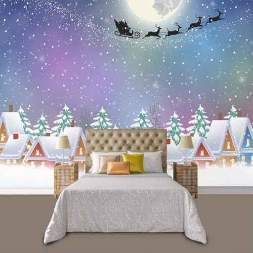 Cartoon Schneehaus Tannenbaum Schneeflocke 3D Tapete Poster Restaurant Schlafzimmer Wohnzimmer Sofa TV Dekorative Wand-200cm×140cm