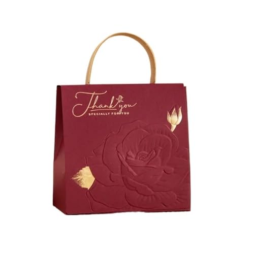 Dankeschön Geschenktüten Geschenkboxen mit geprägter Rose in Champagner-Gold, Taschen aus Leder, handgehaltene Dankespapier-Verpackungsbox for Hochzeits-Partygeschenke(MAROON,11.5X6X11.5CM_50PCS)