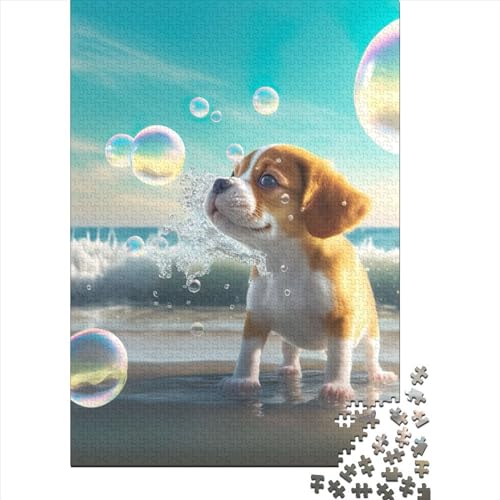 Puzzle für Erwachsene, 500 Teile, süßer Hund am Meer, Puzzle für Erwachsene, Holzbrett-Puzzle, Puzzle für Sommerliebhaber, Größe: 52 x 38 cm