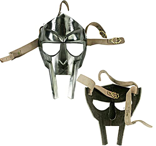 Gladiator-Gesichtsmaske, Stahl, handgefertigt, römische geschmiedete Rüstung, MF Doom Rapper Maske, Chrom-Finish, Lederstreifen