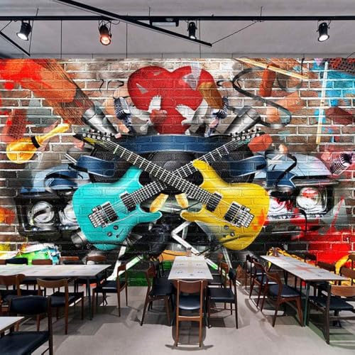 Stereoanlage Backsteinmauer Graffiti Gitarre 3D Tapete Poster Restaurant Schlafzimmer Wohnzimmer Sofa TV Dekorative Wand-200cm×140cm