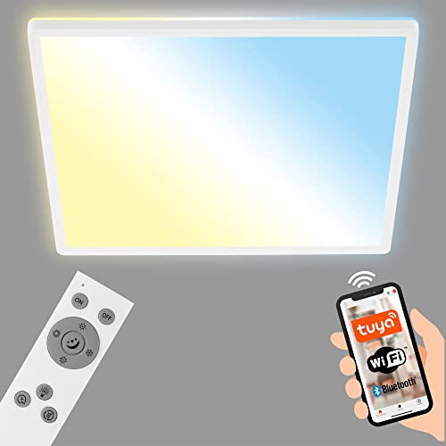 Briloner Leuchten - Smarte LED Deckenleuchte, WiFi Wohnzimmerlampe, Backlight-Effekt, Farbtemperatursteuerung, dimmbare Deckenlampe mit Fernbedienung, Sprachsteuerung, LED Panel, weiß, 42x42 cm