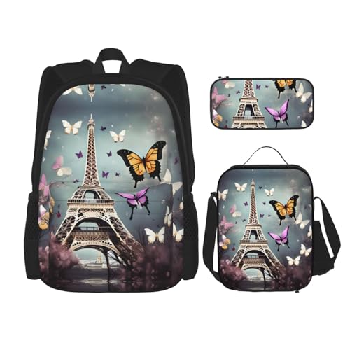 WURTON Romantische Paris Schmetterling Eiffel Druck Reise Lunchbox Federmäppchen Rucksack Set 3 Stück Verstellbare Träger Leicht, Schwarz, Einheitsgröße