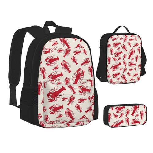 WURTON Schulrucksack-Set mit rotem Hummer-Druck, für Teenager, Lunch-Tasche, Federmäppchen, 3-in-1, Schulrucksäcke, Kinderrucksack