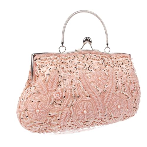 ohodhmnu Damen Tragetasche, Frauen Vintage Perlen Equin Blume Abend Große Tasche Braut Handtasche, blau, Snake and peal chain