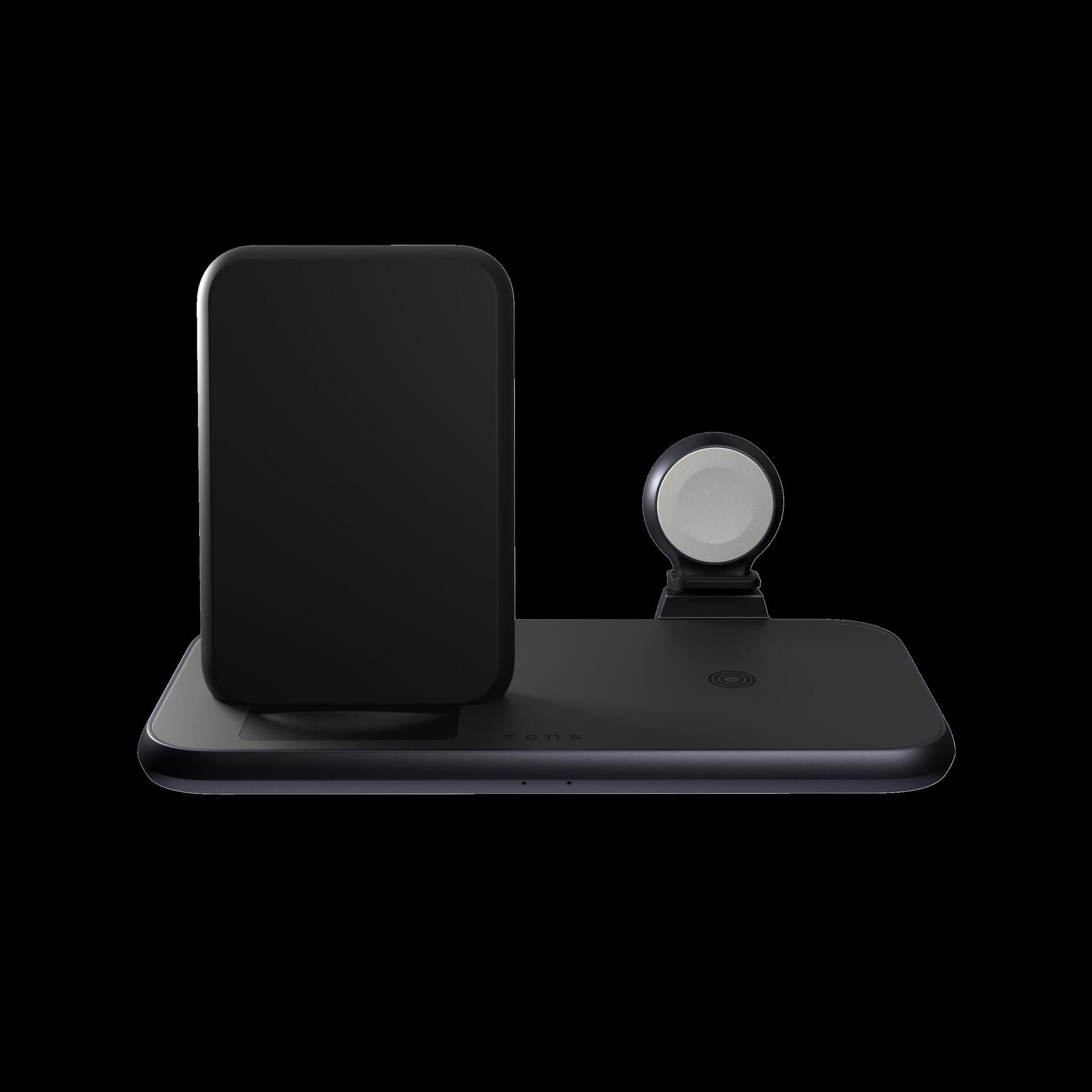 ZENS Qi/MFi-zertifizierter 2x10W Stand+Watch Aluminium Wireless Charger Schwarz mit Apple Watch Lademodul (Zusätzlicher USB-A Anschluss, 45W Netzteil mit EU/UK/US Adaptern inklusive)