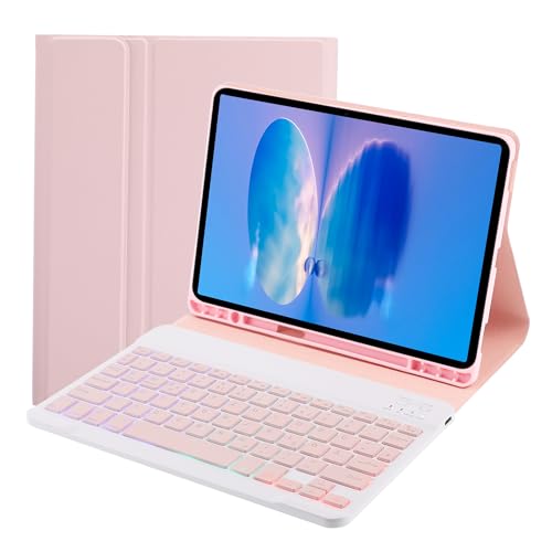 SUEEWE Tastatur Hülle für Samsung Galaxy Tab S9 FE+ Plus/S9+ Plus 12,4"(SM-X810/X816B/X818U/X610/X616B), TPU Rückseite Hülle mit 3 Bereich 7 Farbe Beleuchtete Abnehmbarer QWERTZ Tastatur, Rosa