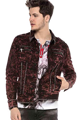 Cipo & Baxx Herren Jeasnjacke Denim Übergansjacke Freizeitjacke mit Allover-Muster und Ziernähten Weinrot S