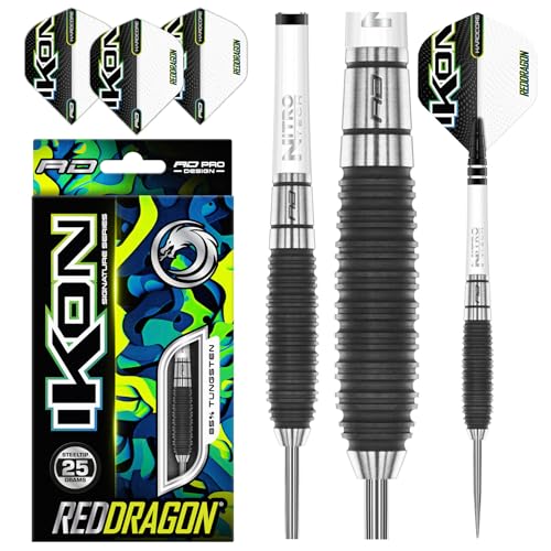 RED DRAGON Ikon 1.3 25 Gramm Professionelles Wolfram Steeltip Dart Set mit Flights und Schäften