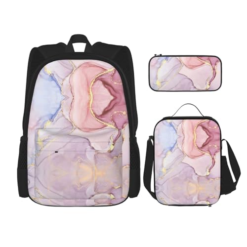 WURTON Schulrucksack, 3-in-1-Büchertaschen-Set mit Lunchbox, Federmäppchen, Reise-Laptop-Tagesrucksack, Lila und goldfarben