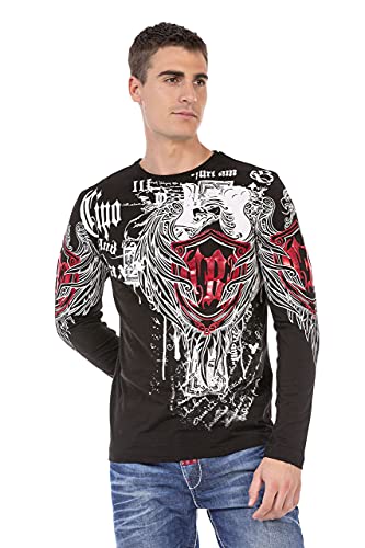 Cipo & Baxx Herren Langarmshirt Sweater Longsleeve Print Sweatshirt Rundhals CL477 Schwarz M