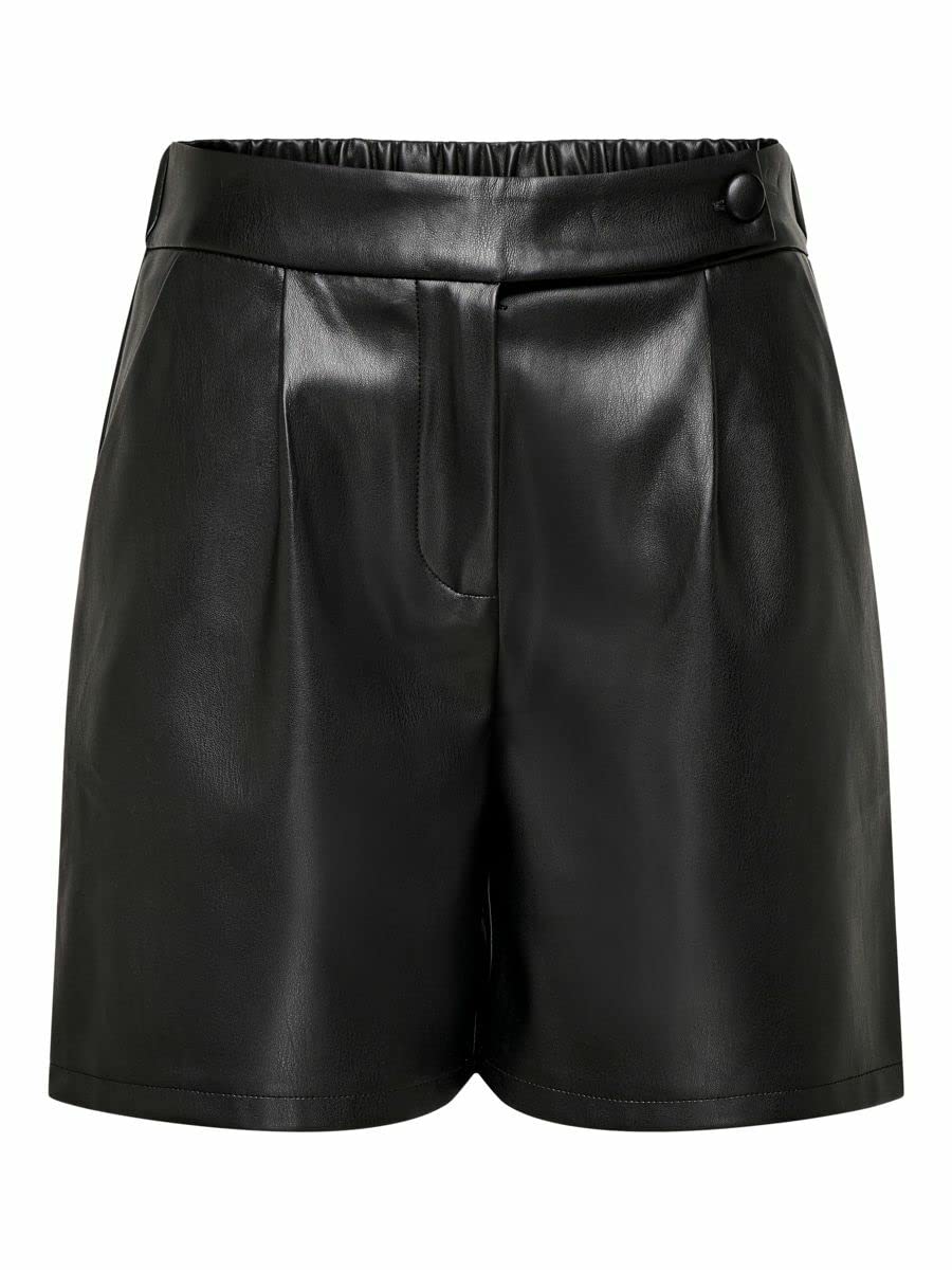 JDY Damen Kunstleder Shorts | Kurze Bermuda High Waist Sommer Hose | PU Hotpants Stretch Bund JDYAMALIE, Farben:Schwarz, Größe:40