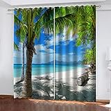 VOYADE 2Er Set Vorhang Blickdicht Verdunklungsvorhänge Mit Ösen Kälteschutz & Hitzeschutz, 3D Meerblick Hawaii Muster Gardinen Kinderzimmer, Für Junge Mädchen Schlafzimmer Fensterdekoration 214X200cm