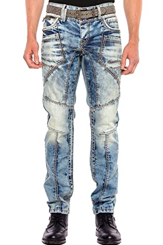 Cipo & Baxx Herren Jeans Hose Denim Straight Regular Fit Design Hose Pants Jeanshose Dicke Naht Blau W34 L32