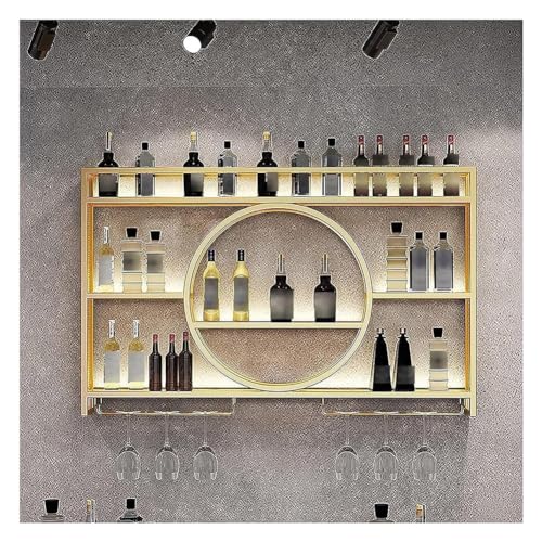 Hängende industrielle runde Weinregale, An der Wand montiertes Weinregal mit LED-Licht, modernes Weinregal aus Metall, Weinglashalter for die Dekoration von Zuhause, Küche, Bar, Restaurant(Gold,100x15