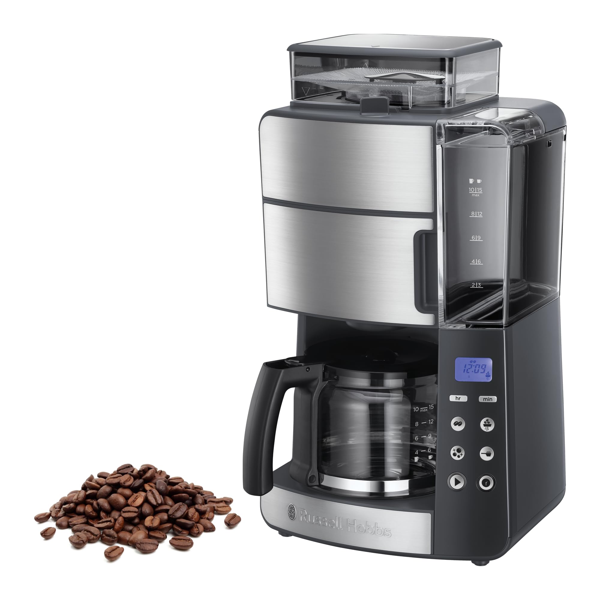 Russell Hobbs Kaffeemaschine mit Mahlwerk Glaskanne [Digitaler Timer, Brausekopf für opt. Extraktion & Aroma] Grind&Brew (max 10 Tassen, 3-stufige Mahlgradeinstellung) Filterkaffeemaschine 25610-56