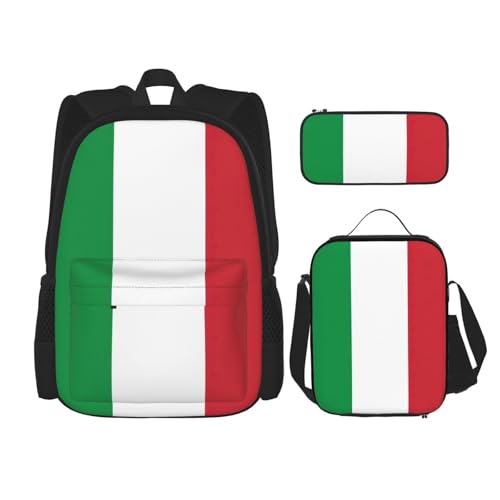 WURTON 3-in-1-Set mit italienischer Flagge, lässiger verstellbarer Schulter-Rucksack, Lunch-Tasche, Federmäppchen, Beutel, Schwarz, Einheitsgröße