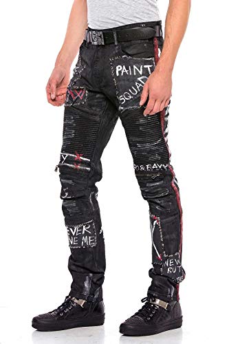 Cipo & Baxx Herren Jeanshose Straight Fit Denim Rockig Design Biker Hose Ripped Pants Jeans Regular Fit Jeans Hose Schwarz W30 L32