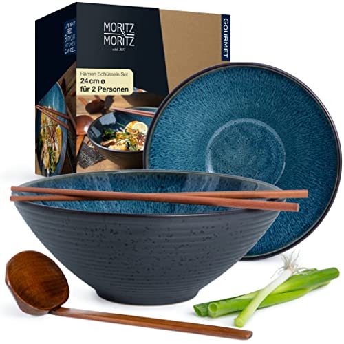 Moritz & Moritz SOLID 2x Ramen Schüssel Keramik - 500 ml - 24 cm Ø - Blaues Ramen Bowl Set für 2 Personen – Für Suppe, Pho Bowl und Sushi Bowl – Inkl. Stäbchen und Löffel