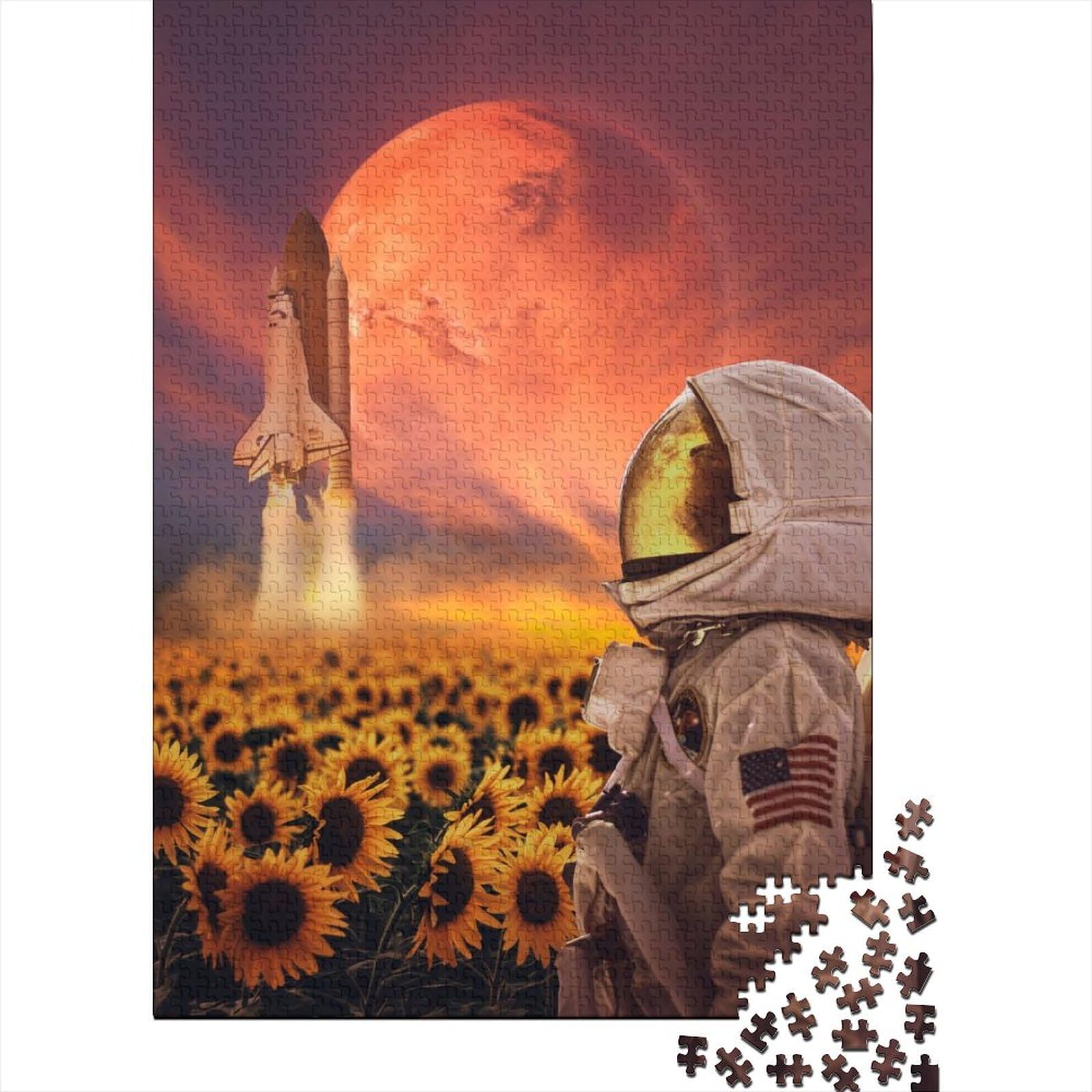 Astronauten-Sonnenblumen-Holzpuzzle für Erwachsene, 1000 Teile für Erwachsene, schwierige Puzzles ganze Familie und die (Größe: 75 x 50 cm)