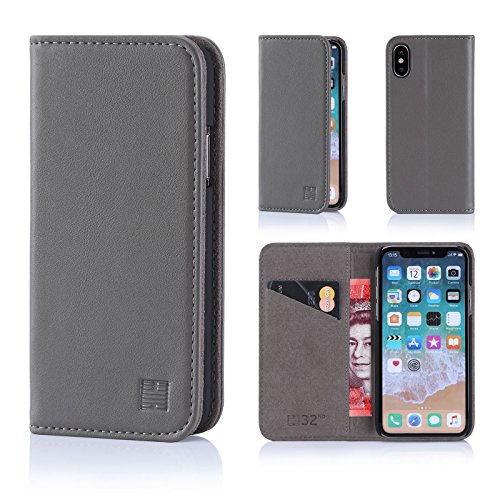 32nd Klassische Series - Lederhülle Case Cover für Apple iPhone X & iPhone XS, Echtleder Hülle Entwurf gemacht Mit Kartensteckplatz, Magnetisch und Standfuß - Grau