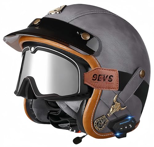 Bluetooth-Helme, Vintage-Motorradhelme, ECE/DOT-Geprüft, Offener Vintage-Helm Für Männer Und Frauen Mit Schutzbrille, Offener Gesichts-Mopedhelm, Verstellbar D,L57-60CM