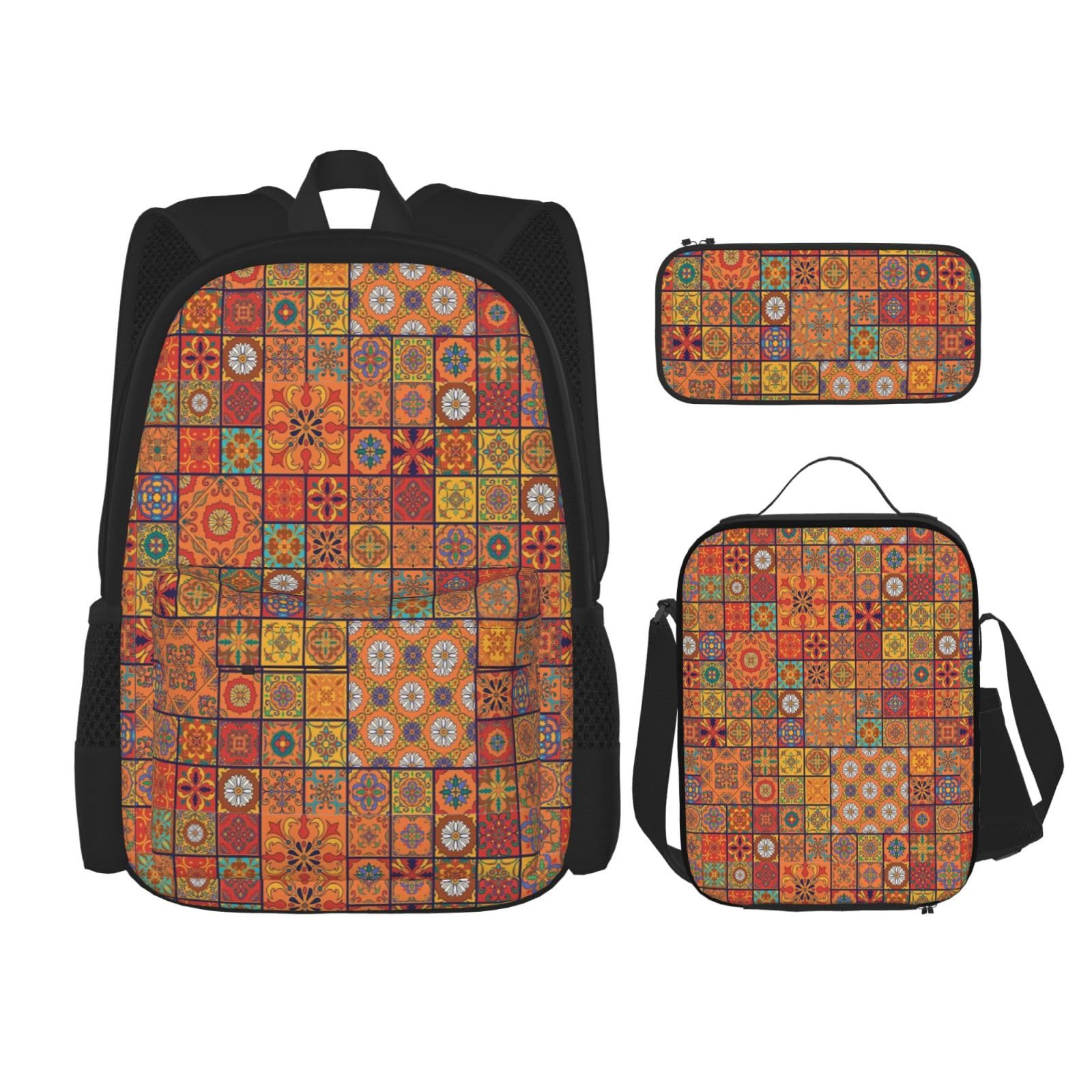 WURTON 3-in-1 Büchertaschen-Set mit marokkanischem geometrischem Druck, verstellbarer Schulter-Rucksack, Lunch-Tasche, Federmäppchen, Beutelbox, Schwarz, Einheitsgröße