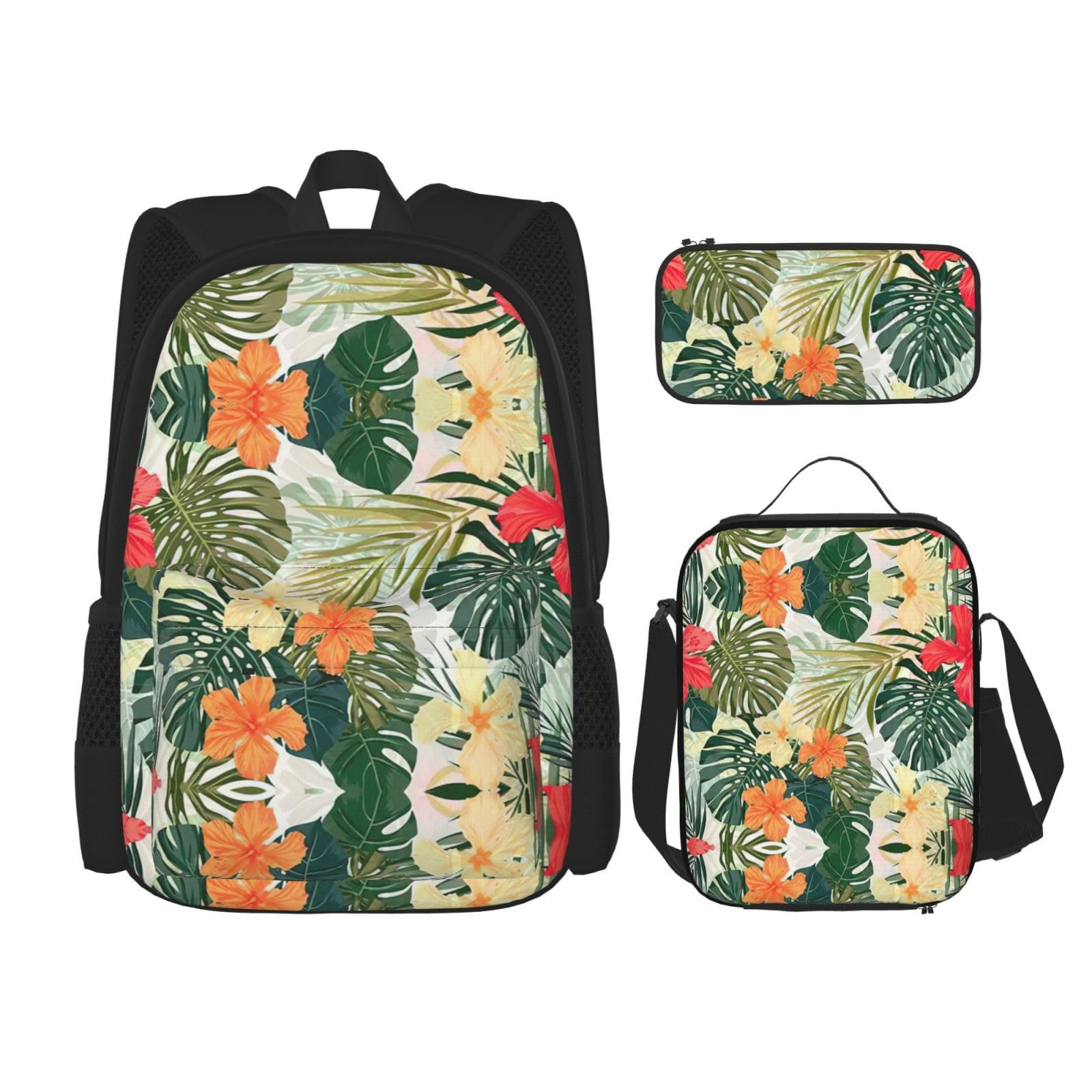 WURTON Vegetation Leaves With Hibiscus Flowers Print Trendy Backpack Bags Lunch Box And Pencil Case 3 In 1 Adjustable Backpack Set, Black, One Size, Schwarz , Einheitsgröße