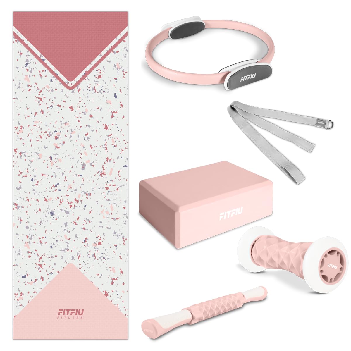 Fitfiu Fitness KITWELL-601-6er-Pack Yoga-Pilates-Zubehör in Rosa mit Matte, Reifen, Block, Fußmassagegerät, Massagestab und Yogagurt, einzigartiges geometrisches Design