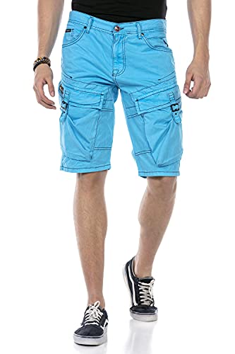 Cipo & Baxx Herren Shorts Capri Kurze Hose Denim Jeans Cargo Kontrastnähte CK229 Hellblau 33