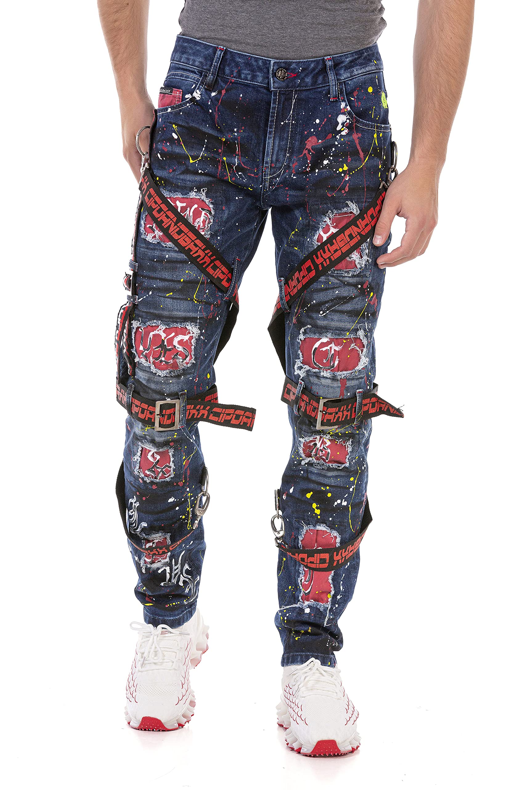 Cipo & Baxx Herren Jeans Hose Denim Destroyed Farbklecksen Ausgefallen Regular Fit Pants CD716 Dunkelblau W32 L32