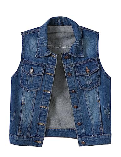 Idopy Damen Casual Denim Weste Slim Fit Ausgefranste ärmellose Jacke Ripped Tops Denim Weste mit Taschen, denim-blau, 38