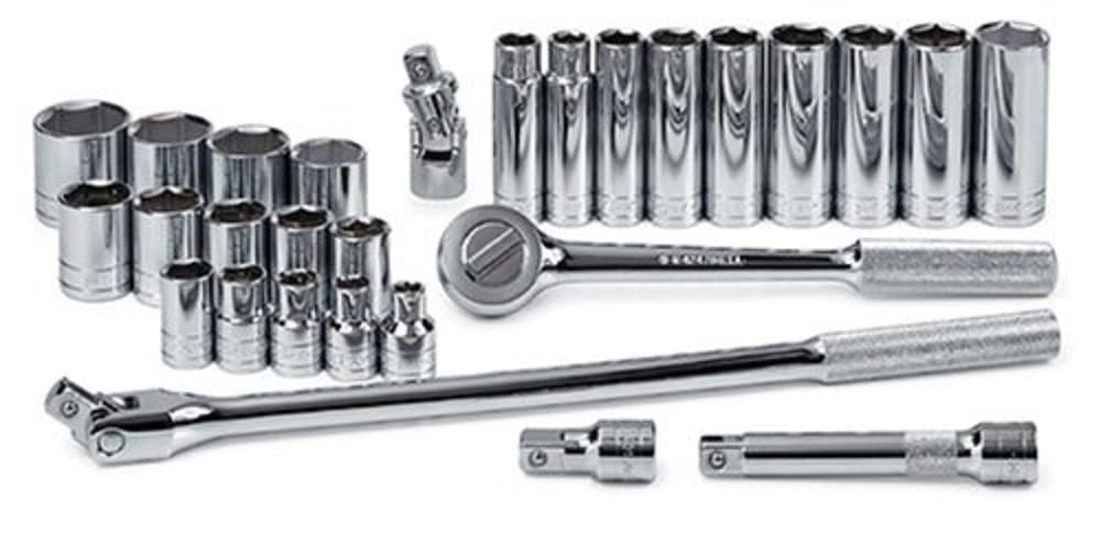 SK Professional Tools 4128-6 28-teilig 1/2 Zoll Antrieb 6-Kant Standard-/Tief-Steckschlüsselsatz - Chrom-Steckschlüsselsatz mit Super-Chrom-Finish | 28-teilig Made in USA