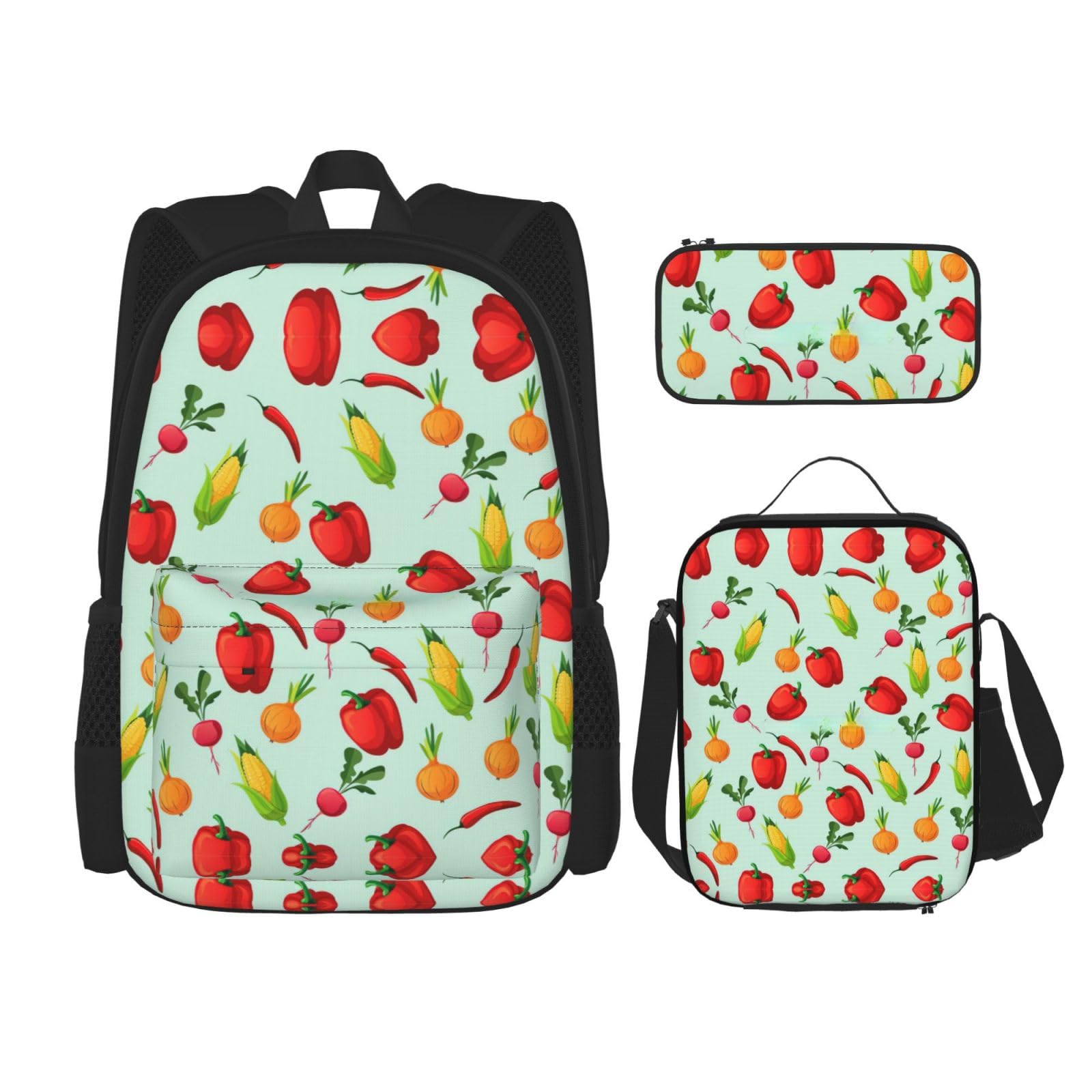 WURTON Schöner Schmetterlings-Druck, 3-in-1-Sets, lässig, verstellbar, Schulter-Rucksack, Lunch-Tasche, Federmäppchen, Beutel, Schwarz, Einheitsgröße