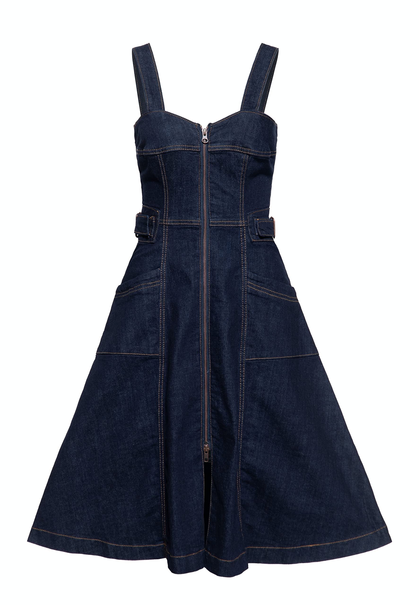 Queen Kerosin Damen Denim Träger Kleid | Jeans Kleid | Swing Kleid | Denim Kleid | A Linie | Baumwolle Stretch