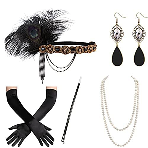 LEJIAJU Flapper-Zubehör für Damen, Party-Kostüm, Stirnband, Halskette, Ohrringe, Handschuhe, Halter für Cocktail-Party, Abschlussball