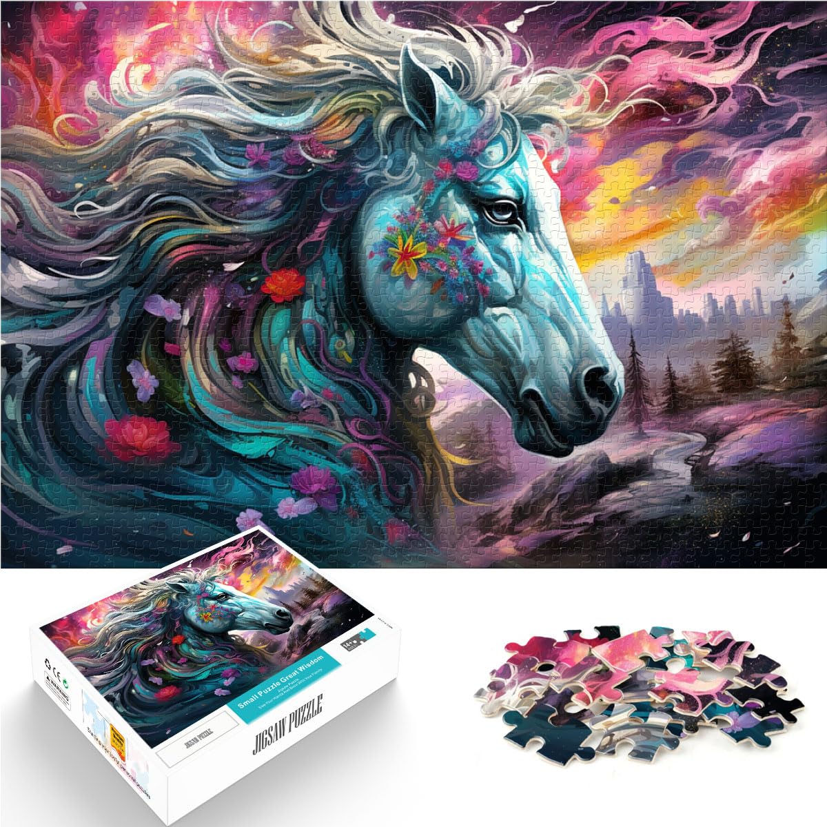 Puzzles Bunte psychedelische Pferde aus der Zukunft 1000 Teile Puzzle für Erwachsene Puzzles Holzpuzzle Weihnachtspuzzle Geschenke 1000 Stück (50x75cm)