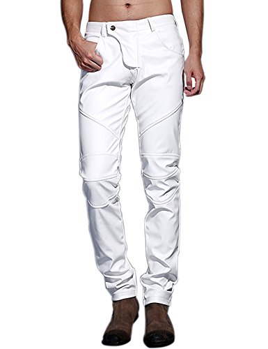 Idopy Herren Schlanke Passform Party Performance Biker Faux Leder Jeans Hosen Pu-Hose, Weiß, 32(Taille 81cm)