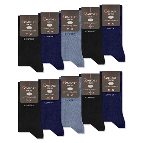 10 Paar Comfort Socken ohne Gummi & ohne Naht Herren & Damen Baumwolle Komfortbund 13100 (Jeans Navy Schwarz 43-46)