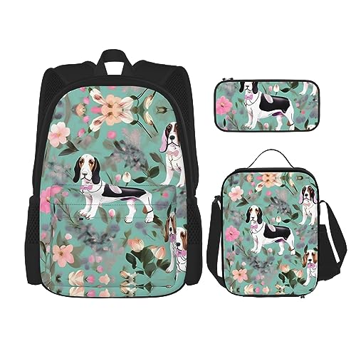 WURTON Sweet Basset Hound Florals Print Reise Lunchbox Federmäppchen Rucksack Set 3 Stück Verstellbare Träger Leicht, Schwarz, Einheitsgröße