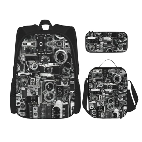 WURTON Rucksack mit Retro-Kamera-Kollektion, bedruckt, für Mädchen, Jungen, Schultaschen, Teenager, Lunchbox und Federmäppchen, 3-in-1-Büchertaschen-Set